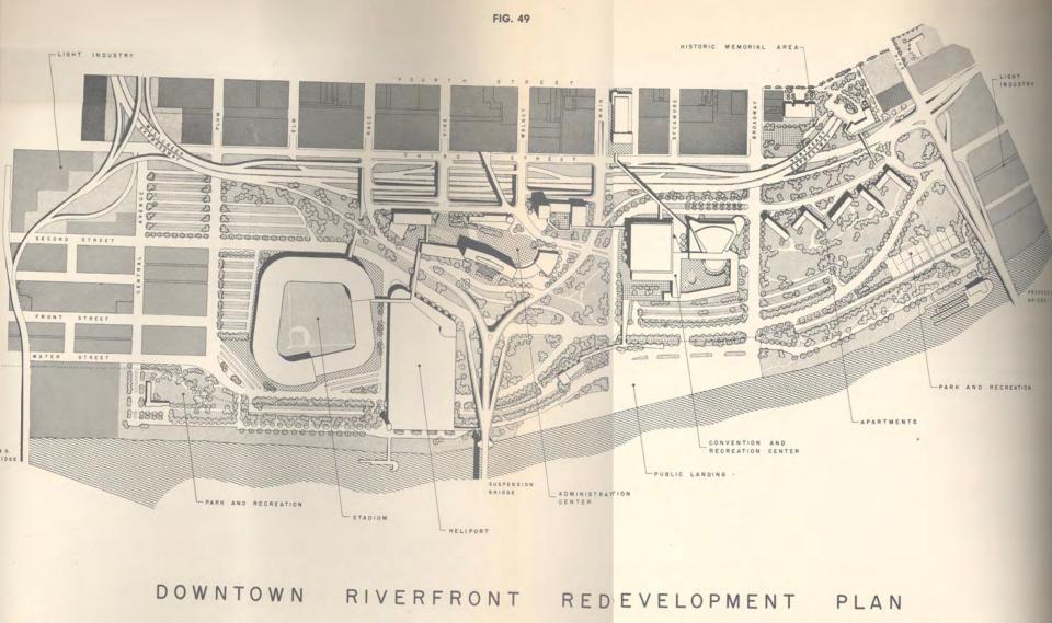 The Downtown Riverfront Redevelopment Plan from the Metropolitan Master Plan, 1948, adopted by the city of Cincinnati, shows the plans for developing the Cincinnati riverfront.