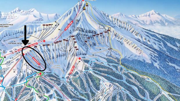 Circled area shows where Ravenda was skiing. Big Sky's Triple Black runs located to looker's right.