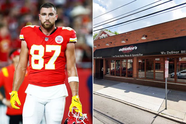 <p> Douglas P. DeFelice/Getty; Google Maps</p> Travis Kelce and Adriatico's restaurant