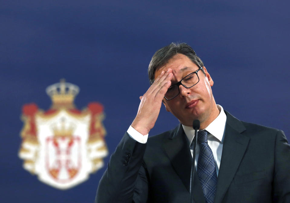 FILE - In this Sunday, Oct. 29, 2017 file photo, Serbian President Aleksandar Vucic gestures during a news conference in Belgrade, Serbia. Serbia's leader is urging U.S. President Donald Trump to put pressure on Kosovo to return to negotiations amid a months-long deadlock in the talks. EU-mediated status talks between Serbia and its former province have been stalled since late last year when Kosovo imposed a 100% tax on goods imported from Serbia. (AP Photo/Darko Vojinovic, file)