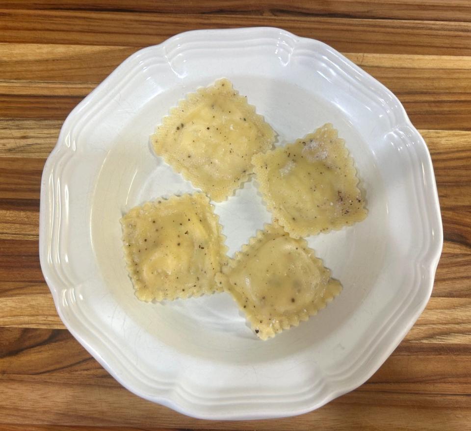 Pasta on plate for Ina Garten's ravioli en brodo