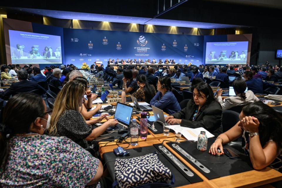 <span class="caption">The closing session of World Trade Organization’s ‘Ministerial Conference 12’ in Geneva, June 17 2022.</span> <span class="attribution"><span class="source">Fabrice Coffrini/Pool/Keystone/AP</span></span>