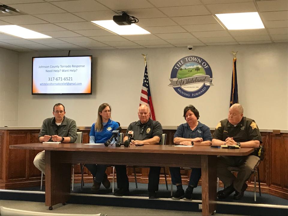 Town of Whiteland and Johnson County officials met with the public Monday afternoon, April 3, 2023, at Whiteland Town Hall to discuss updates from the tornado that hit the town late Friday night.