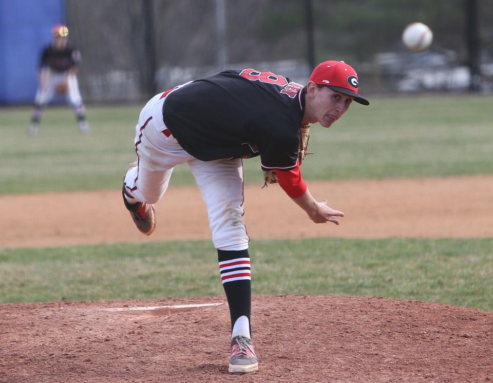 Rye's George Kirby pitching against John Jay during baseball game at John Jay High School in Cross River April 16, 2015. Rye won the game 4-3.