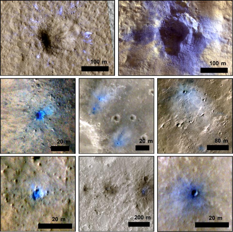 HiRISE 圖像顯示在 InSight 地震數據中檢測到的火星新撞擊坑。這些圖像是增強色彩的 RDR 產品，其中包括兩個大撞擊的嵌入圖像。圖像中的比例尺不同，北方朝上，且圖像對比度已被拉伸以提高清晰度。圖片來源：NASA