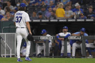 Kansas City Royals starting pitcher Jackson Kowar was pulled in the second inning after giving up five runs to the Oakland Athletics during a baseball game, Tuesday, Sept. 14, 2021 in Kansas City, Mo. (AP Photo/Reed Hoffmann)