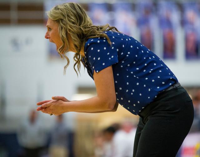 Adams head coach Dawn Huff yells from the sideline during the Adams vs. LaPorte girls sectional basketball game Tuesday, Feb. 4, 2020, at Michigan City High School.