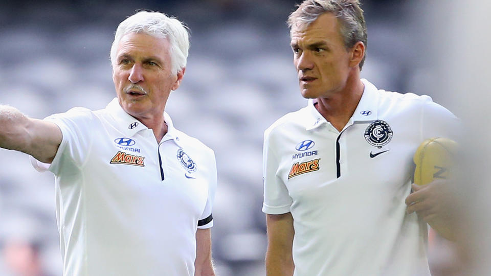 Mick Malthouse and Dean Laidley, pictured here before a Carlton game in 2015.