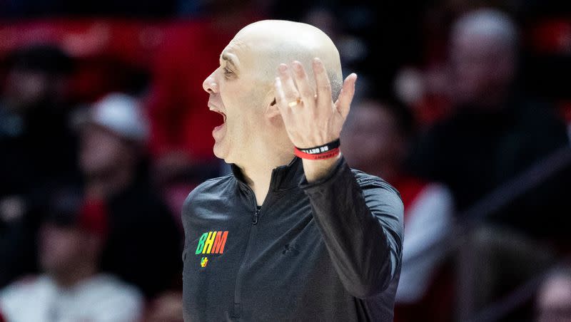 Utah Runnin’ head coach Craig Smith yells to the team during a game against Arizona State at the Huntsman Center in Salt Lake City on Saturday, Feb. 10, 2023.