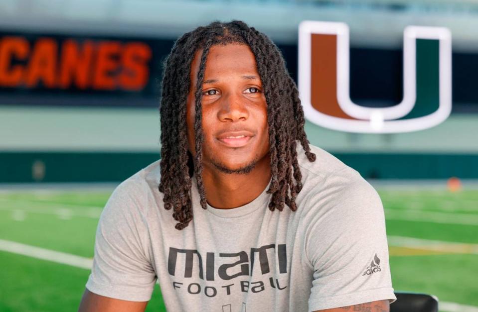 Miami Hurricanes defensive back Te’Cory Couch at the Carol Soffer Indoor Practice Facility at the University of Miami’s Greentree Field on Thursday, March 9, 2023.