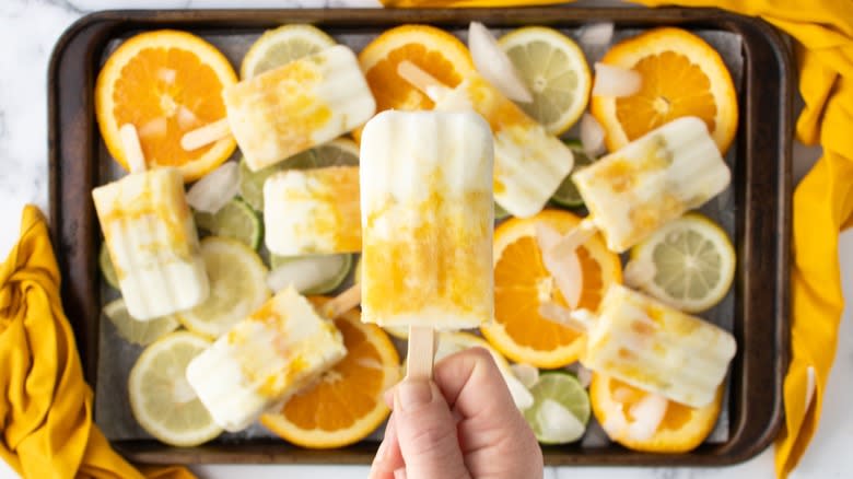 holding up yogurt citrus popsicle