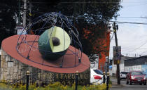 This Oct. 2, 2019 photo shows a sculpture of an avocado at the town's entrance in Ziracuaretiro, Michoacan state, Mexico. While Mexican avocado growers have for years lived in fear of assaults and shake downs, the situation went international in mid-August when a United States Department of Agriculture team of inspectors in Michoacan was "directly threatened" in Ziracuaretiro. (AP Photo/Marco Ugarte)