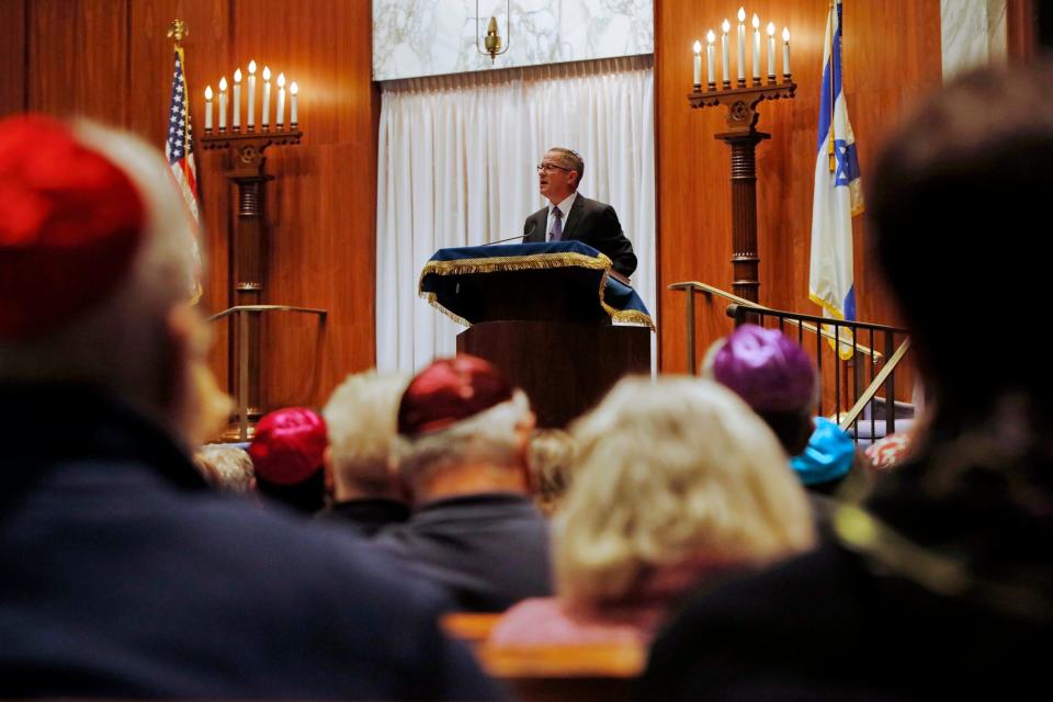 Rabbi Raphael Kanter speaks during the Interfaith Memorial Service for the Victims of the Tragedy that happened at the Tree of Life Synagogue in Pittsburgh, Pennsylvania.  The service was held at the Tifereth Israel Synagogue in New Bedford.