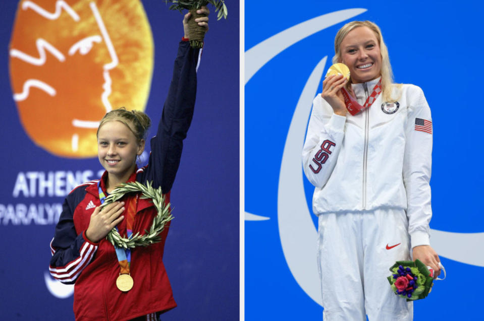 Jessica Long at the 2004 Athens Paralympics and at the 2020 Tokyo Paralympics