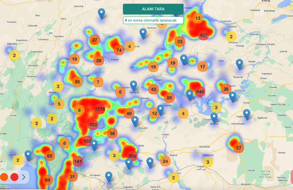 A heat map built from calls for help in areas struck by the earthquake in Turkey, scraped from social media data by the "Earthquake Help Project"<span class="copyright">Earthquake Help Project</span>