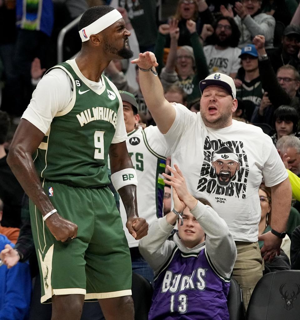 Milwaukee Bucks forward Bobby Portis (9) reacts after hitting a three-point basket during the first half of their game against the Washington Wizards Tuesday, January 3, 2023 at Fiserv Forum in Milwaukee, Wis.