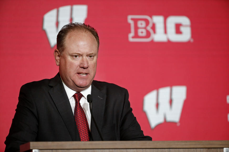 Wisconsin men's head coach Greg Gard speaks during Big Ten NCAA college basketball Media Days Wednesday, Oct. 12, 2022, in Minneapolis. (AP Photo/Bruce Kluckhohn)