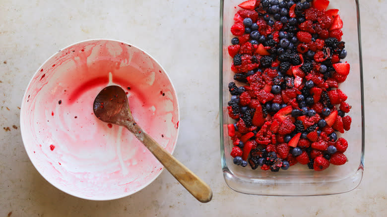 Fruit added to glass baking dish