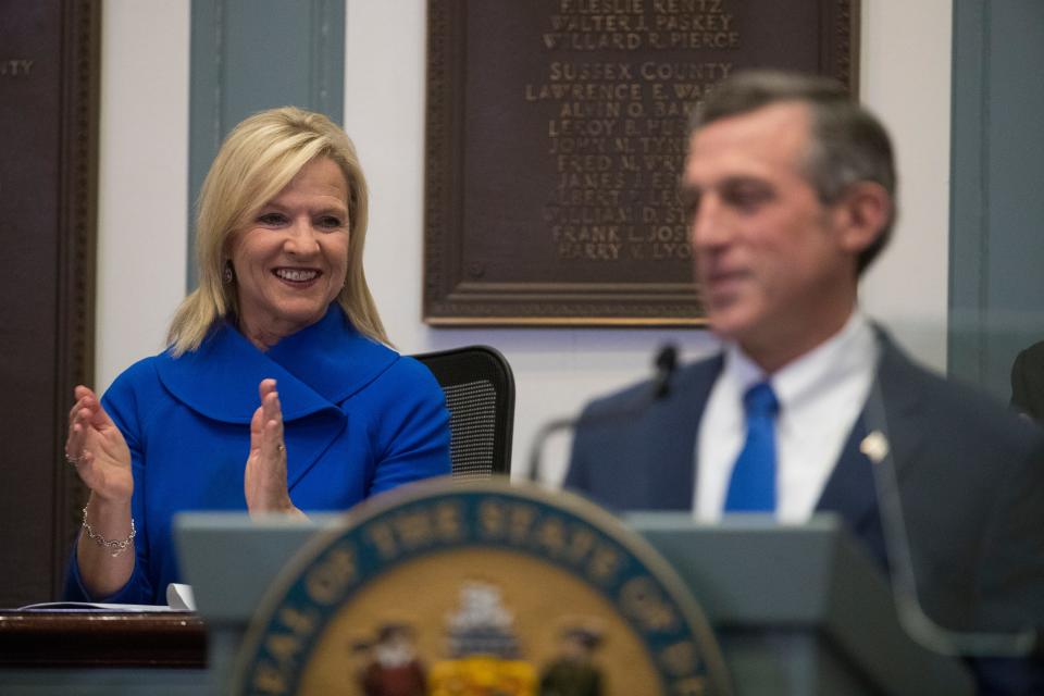 Lt. Gov. Bethany Hall-Long applauds Gov. John Carney as he gives his State of the State address on Thursday, Jan. 23, 2020, at Legislative Hall in Dover. Hall-Long is running for Delaware governor in 2024.