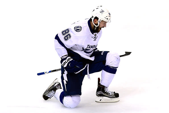 PITTSBURGH, PA - MAY 22: Nikita Kucherov #86 of the Tampa Bay Lightning celebrates after scoring a goal against Marc-Andre Fleury #29 of the Pittsburgh Penguins during the third period in Game Five of the Eastern Conference Final during the 2016 NHL Stanley Cup Playoffs at Consol Energy Center on May 22, 2016 in Pittsburgh, Pennsylvania. (Photo by Matt Kincaid/Getty Images)