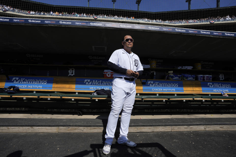 Detroit Tigers' Miguel Cabrera stands in the dugout before a baseball game against the Cleveland Guardians, Saturday, Sept. 30, 2023, in Detroit. (AP Photo/Paul Sancya)