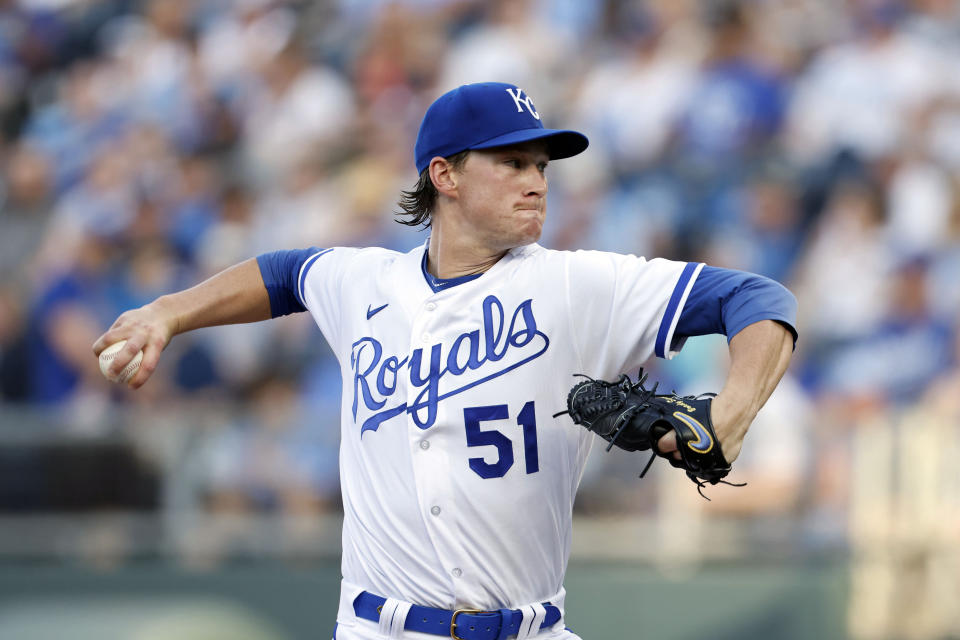 Kansas City Royals pitcher Brady Singer delivers to a Oakland Athletics batter during the second inning of a baseball game in Kansas City, Mo., Saturday, May 6, 2023. (AP Photo/Colin E. Braley)