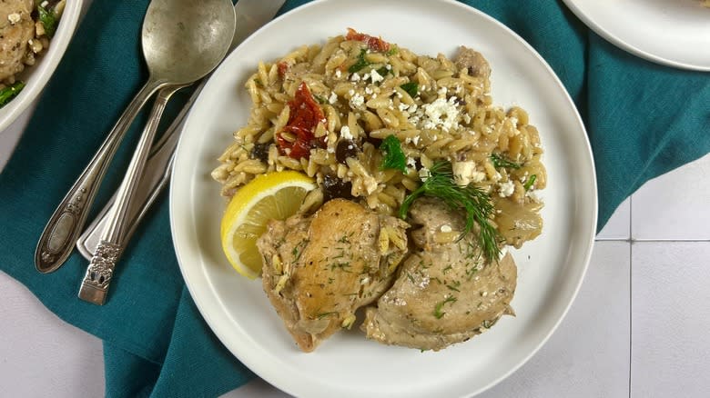chicken and orzo on plate