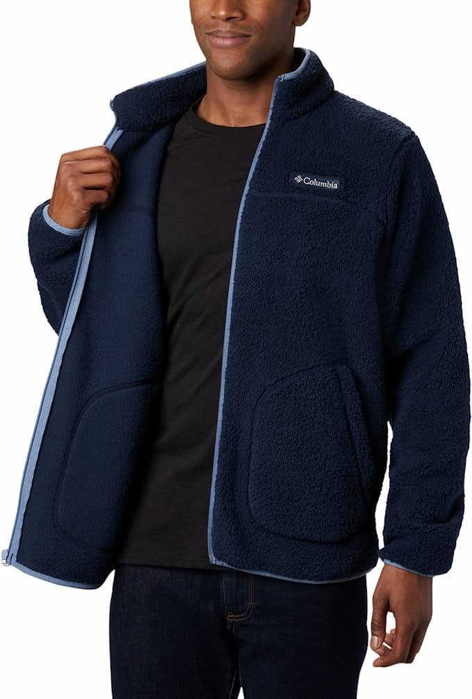 dark blue fleece jacket with light blue trim columbia fleece jacket