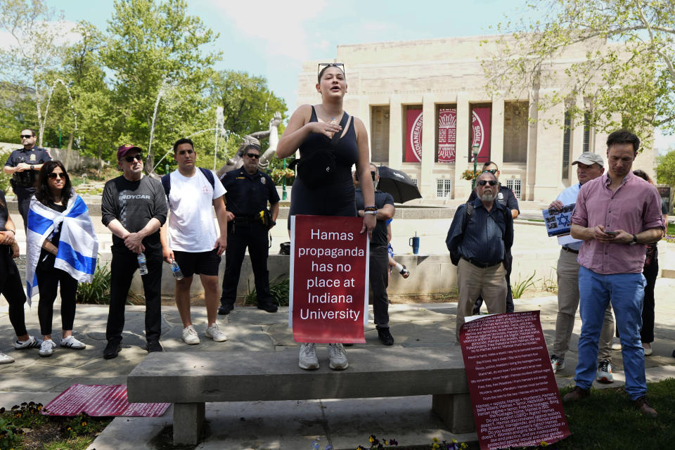Indiana University freshman Mykala Kaplan speaks about her recent experiences being Jewish on campus during a pro-Israel rally at Indiana University in Bloomington, Ind., Thursday, May 2, 2024. (AP Photo/AJ Mast)