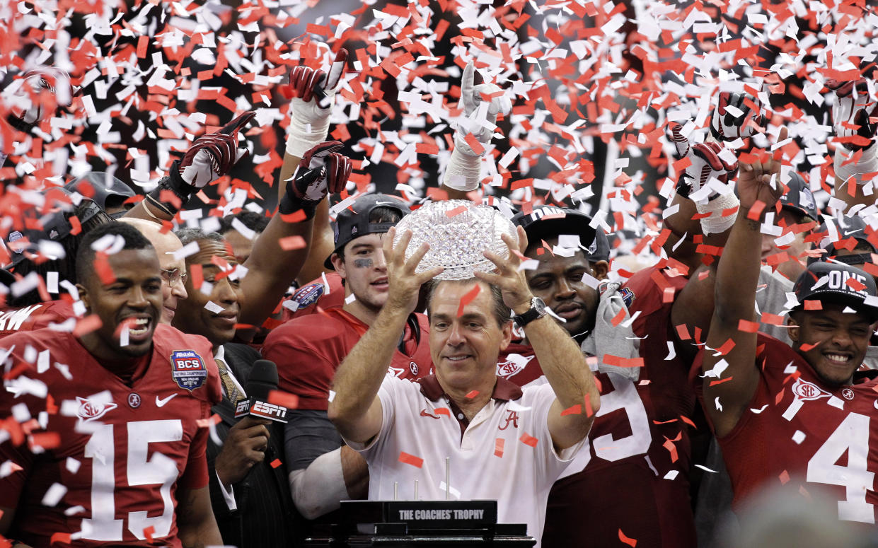 Nick Saban lifted quite a few championship trophies in his time at Alabama. (AP Photo/Gerald Herbert, File)