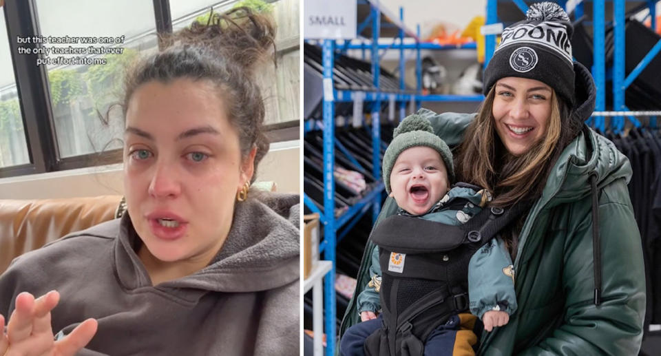 Left, Dominique Acciarito tearfully speaks to camera asking users to help her track down her favourite teacher. Right, Acciarito smiles with her young son trapped onto her front. 