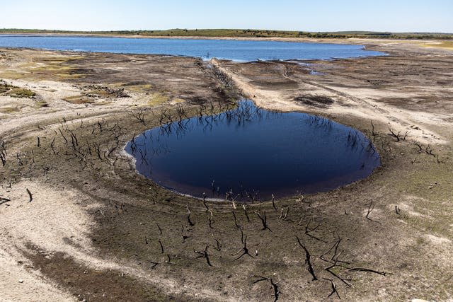 The scene at Colliford reservoir, where water levels have severely dropped exposing the unseen trees and rocks (Ben Birchall/PA)