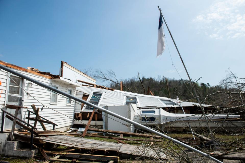 The steeple of the Ragan Chapel United Methodist Church on Ragan Chapel Road in Ohatchee, Ala., is seen on the ground after on Friday, March 26, 2021, after a tornado destroyed the building.