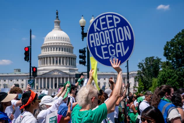 Abortion rights advocates demonstrate June 30, 2022, against the U.S. Supreme Court's decision to overturn Roe v. Wade, the 1973 ruling that had established a constitutional right to abortion.