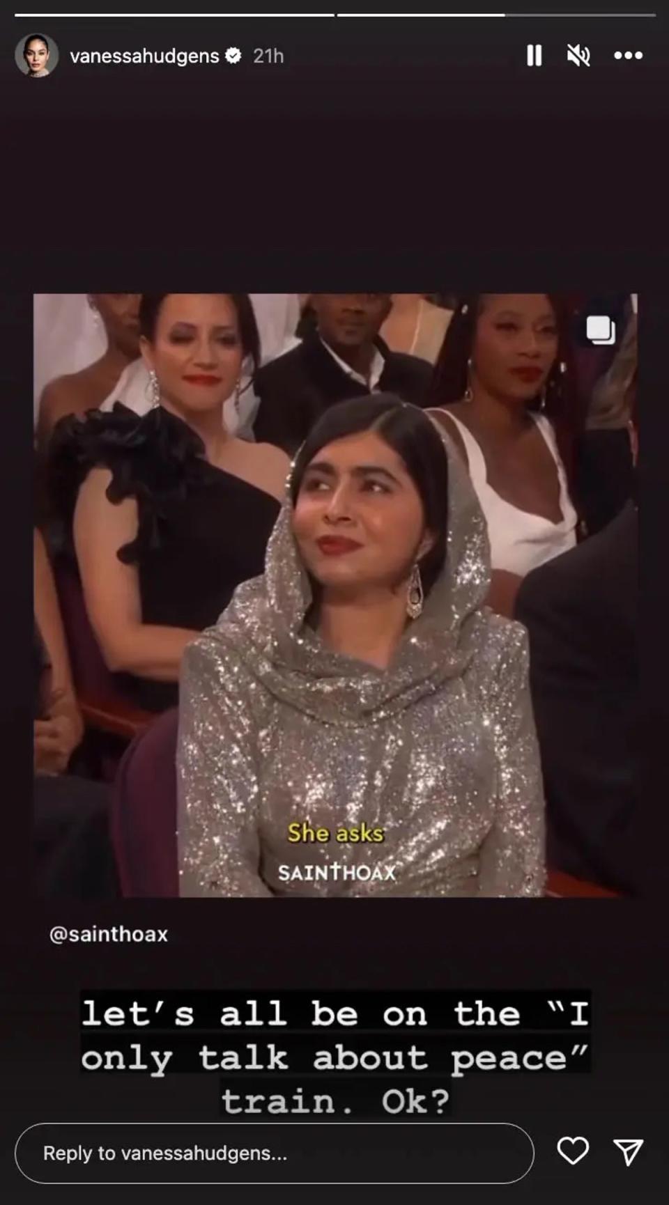 Vanessa Hudgens posts clip of Malala Yousafzai saying she’ll ‘only talk about peace’ (Instagram / Vanessa Hudgens)