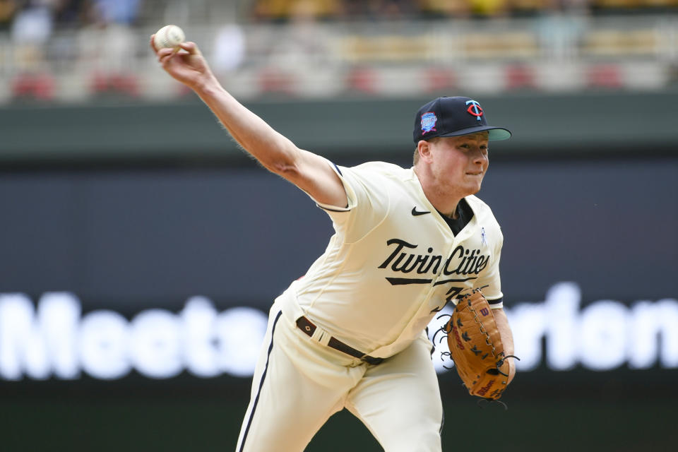 Minnesota Twins pitcher Louie Varland throws against the Detroit Tigers during the first inning of a baseball game, Sunday, June 18, 2023, in Minneapolis. (AP Photo/Craig Lassig)