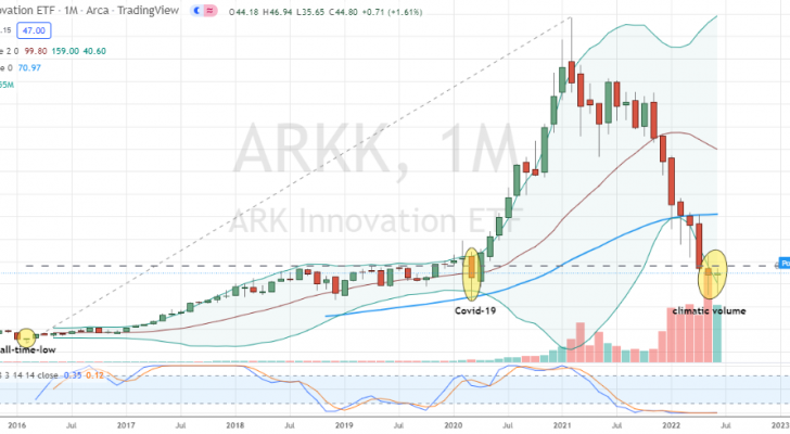 Monthly chart and RSI of Ark Innovation ETF (ARKK)