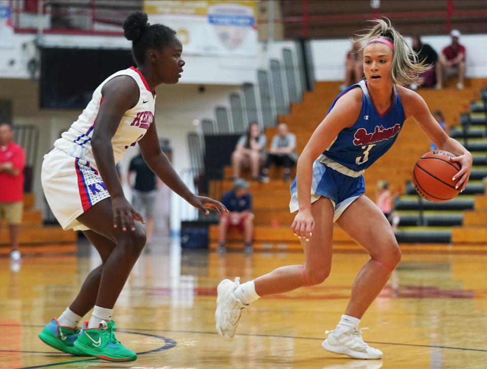 Bedford North Lawrence's Karsyn Norman (3) dribbles against Kentucky's Haven Ford (6) during the girls’ Indiana vs. Kentucky Junior All-Stars game at Bedford North Lawrence  on Sunday, June 5, 2022.
