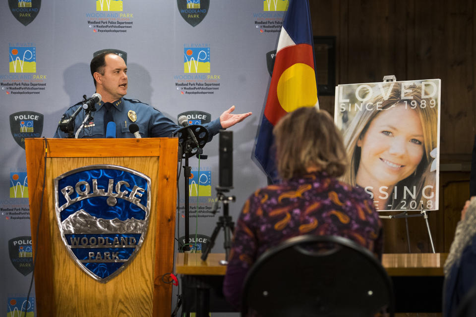 FILE - In this Dec. 21, 2018, file photo, Woodland Park Police Chief Miles De Young speaks about the arrest of Patrick Frazee in the murder of his fiance Kelsey Berreth, seen right, who has been missing since Thanksgiving, at the Woodland Park, Colo., City Hall. Additional charges have been filed against Frazee, charged with murder and solicitation to commit murder in the death of his missing fiancee, prosecutors said Tuesday, Feb. 19, 2019. (Christian Murdock/The Gazette via AP, File)