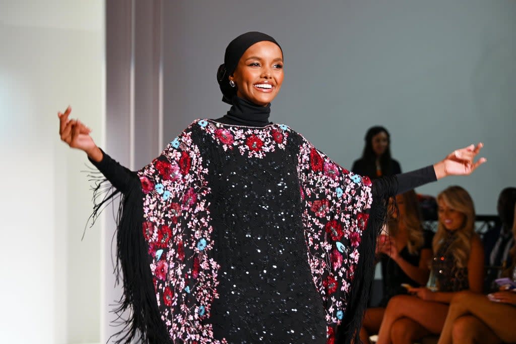 Halima Aden modelling during Sherri Hill's Spring/ Summer 2020 NYFW show (Getty Images)