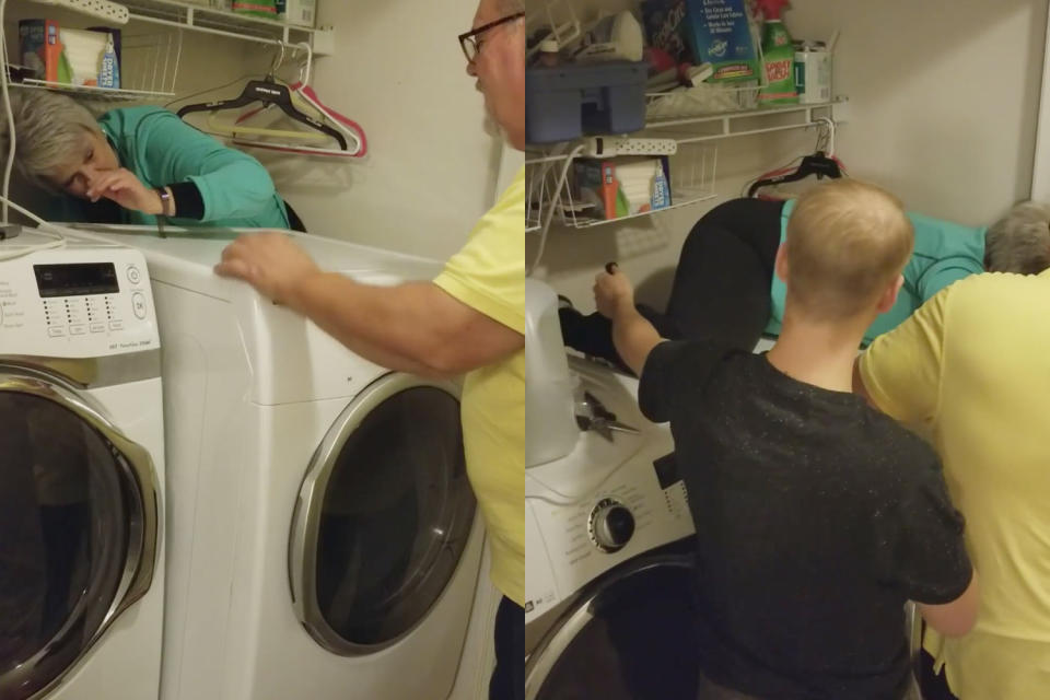 This grandma got stuck while moving a dryer. (Photo: Facebook/Emily McDaneld)