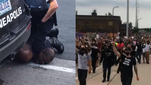 黑人遭警「膝壓脖」致死，引起全美種族問題各地爆發示威抗議。（圖／ 翻攝自推特）
