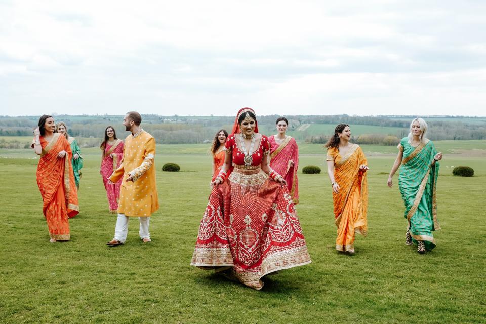 I was so happy to be surrounded by my bridesmaids and man for the weekend. They are such a special group who can always make me laugh. They looked amazing in their coordinating saris and jacket, and the moody overcast weather really made the colors pop.