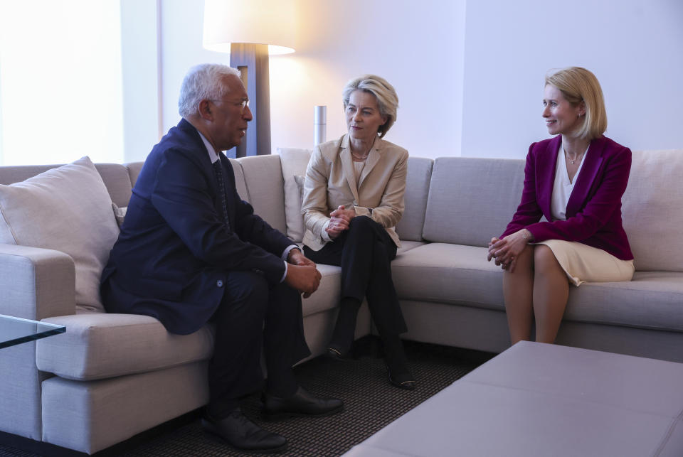 former Portuguese Prime Minister Antonio Costa, left, European Commission President Ursula Von der Leyen and Estonia's Prime Minister Kaja Kallas, right, attend a meeting at Brussels Airport, Brussels, Belgium, Friday June 28, 2024, a day after the EU summit. European Union leaders have agreed on the officials who will be the face of the world’s biggest trading bloc in coming years for issues ranging from anti-trust investigations to foreign policy. The EU presidency of the Council said Ursula von der Leyen was approved for a second term as the EU’s executive Commission. (Olivier Hoslet/Pool via AP)