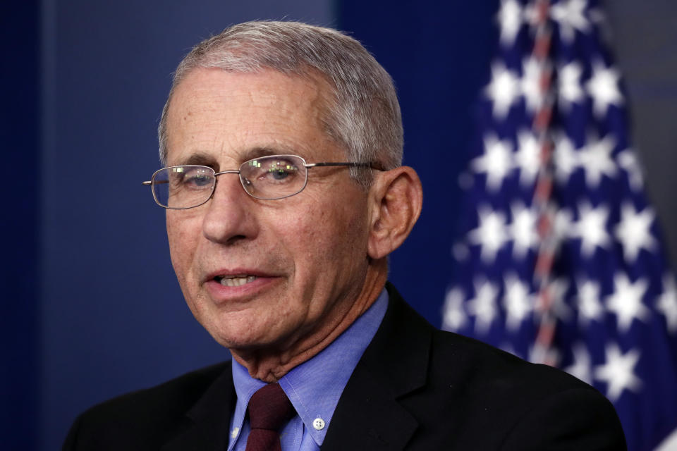 Dr. Anthony Fauci, director of the National Institute of Allergy and Infectious Diseases, speaks about the coronavirus in the James Brady Press Briefing Room, Friday, March 27, 2020, in Washington. (AP Photo/Alex Brandon)