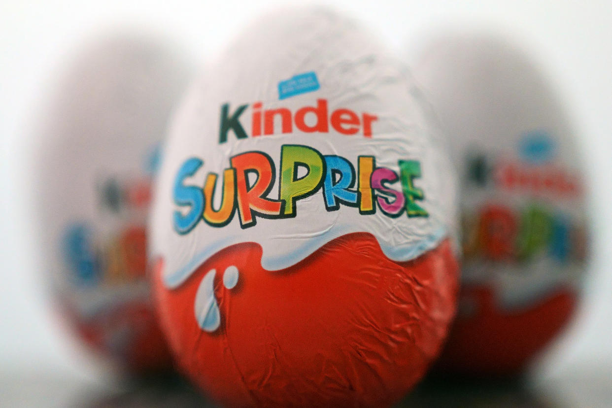 Three Kinder Surprise eggs. Some 57 people, mostly young children, have become infected with salmonella in an outbreak linked to Kinder Surprise eggs. Chocolate firm Ferrero is recalling some batches of the eggs as a precaution while investigations continue into the link, the Food Standards Agency (FSA) said. Picture date: Monday April 4, 2022.