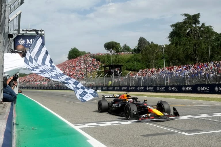 Max Verstappen crosses the finish line to win the Emilia Romagna Grand Prix (Luca Bruno)