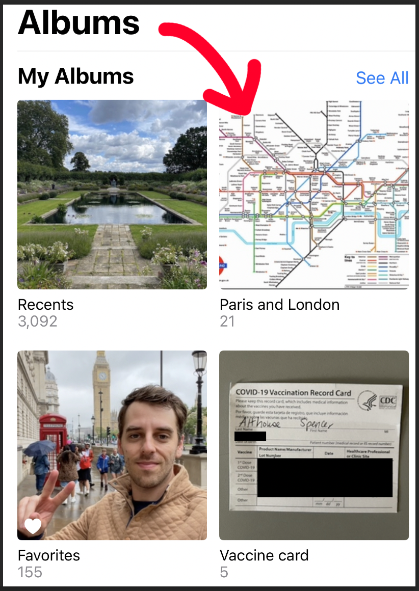 A screenshot of my photo albums on my phone, with one labeled as "Paris and London," featuring the map of London's underground system