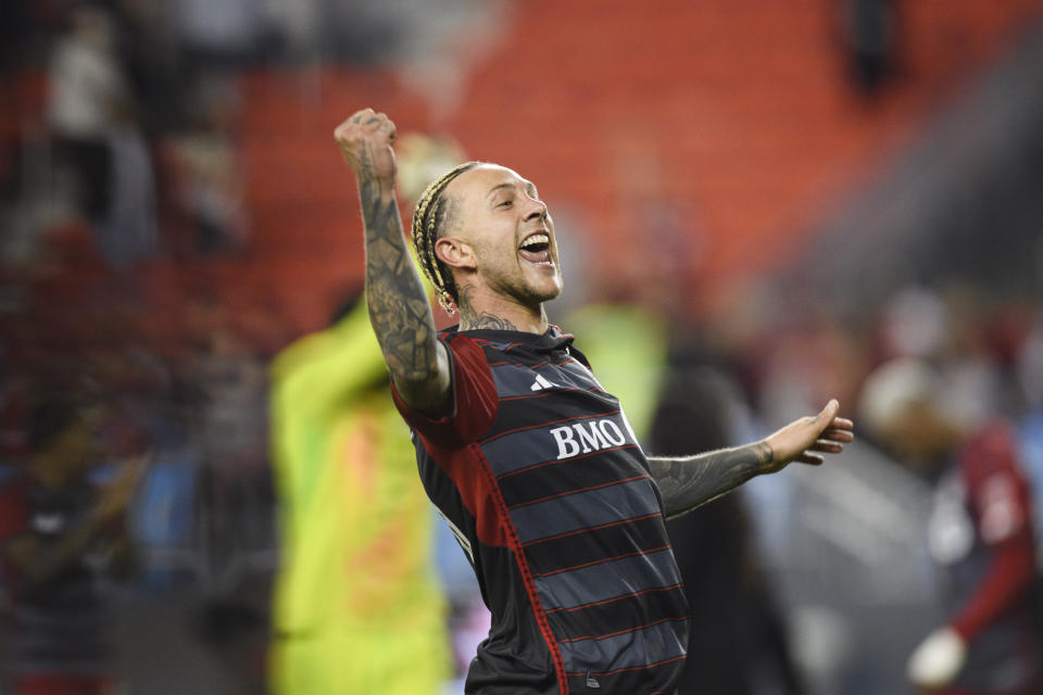 Toronto FC forward Federico Bernardeschi (10) celebrates after Toronto FC defeated CF Montreal in an MLS soccer game, Saturday, May 18, 2024 in Toronto. (Chris Katsarov/The Canadian Press via AP)