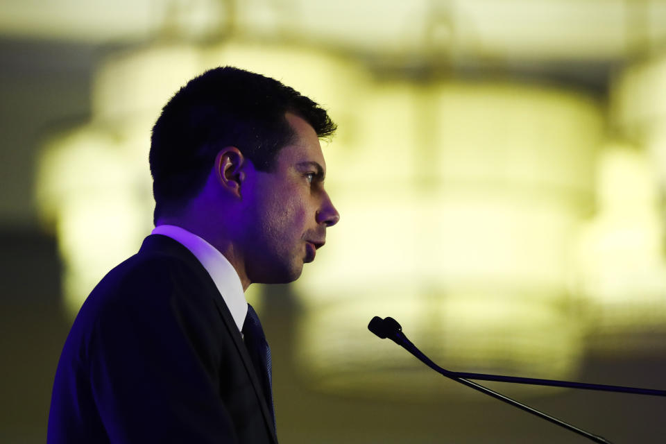 Democratic presidential candidate former South Bend, Ind., Mayor Pete Buttigieg speaks at the First in the South Dinner, Monday, Feb. 24, 2020, in Charleston, S.C. (AP Photo/Matt Rourke)